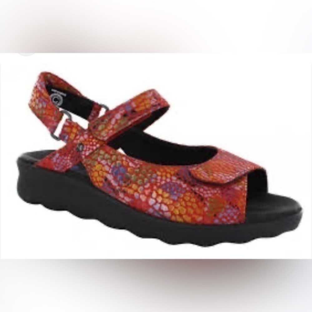 Wolky Pitchu Adjustable Red Multicolor Fantasy Reptile Print slip on sandal shoe